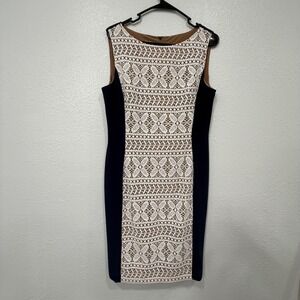 ANNE KLEIN Navy Lace Sheath Dress‎ Knee Length Sleeveless Boat Neck Women's 10